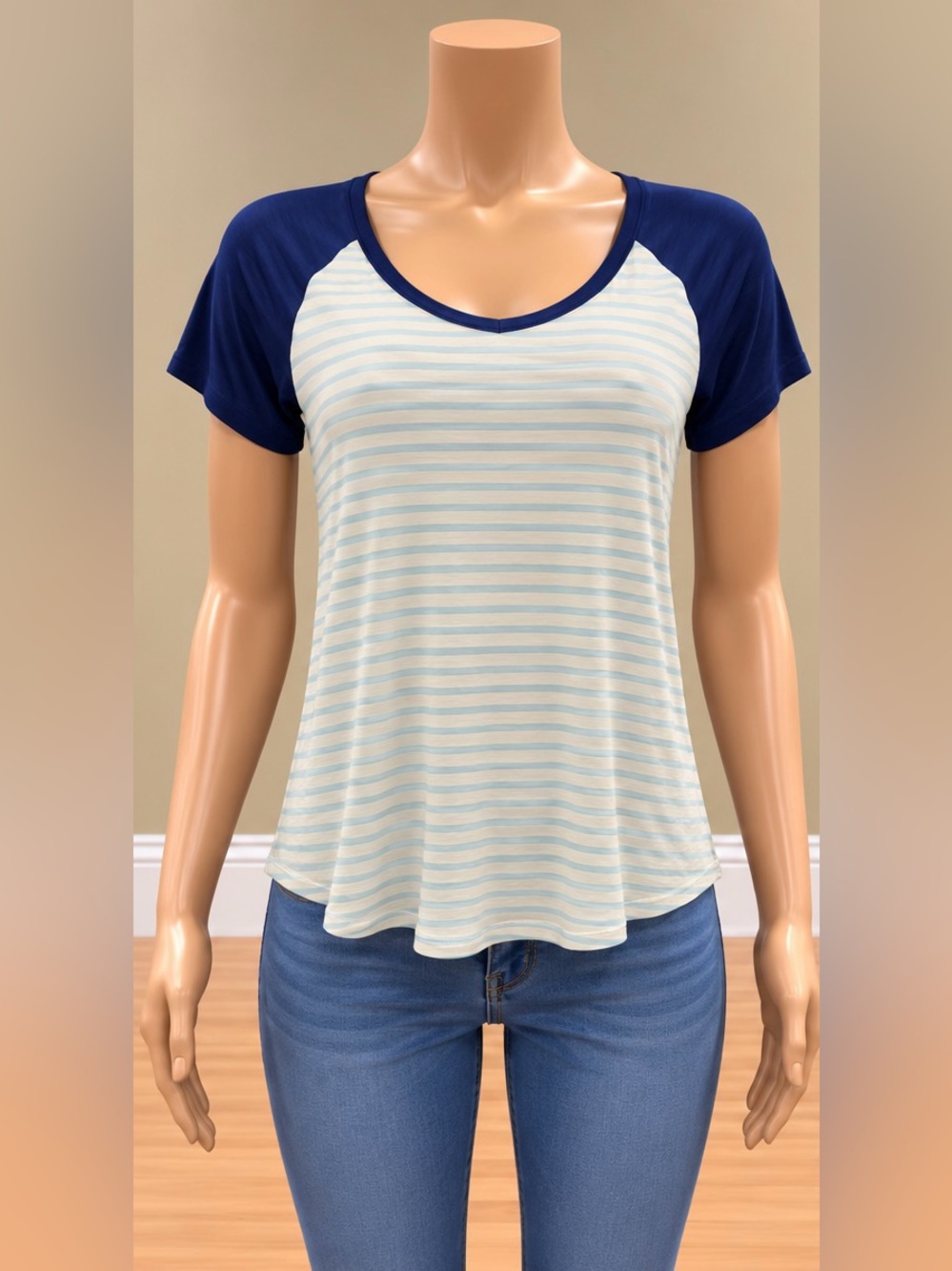 Charming Charlie Blue Striped Raglan Tee Ring Spun Cotton Soft Top Small NWOT
